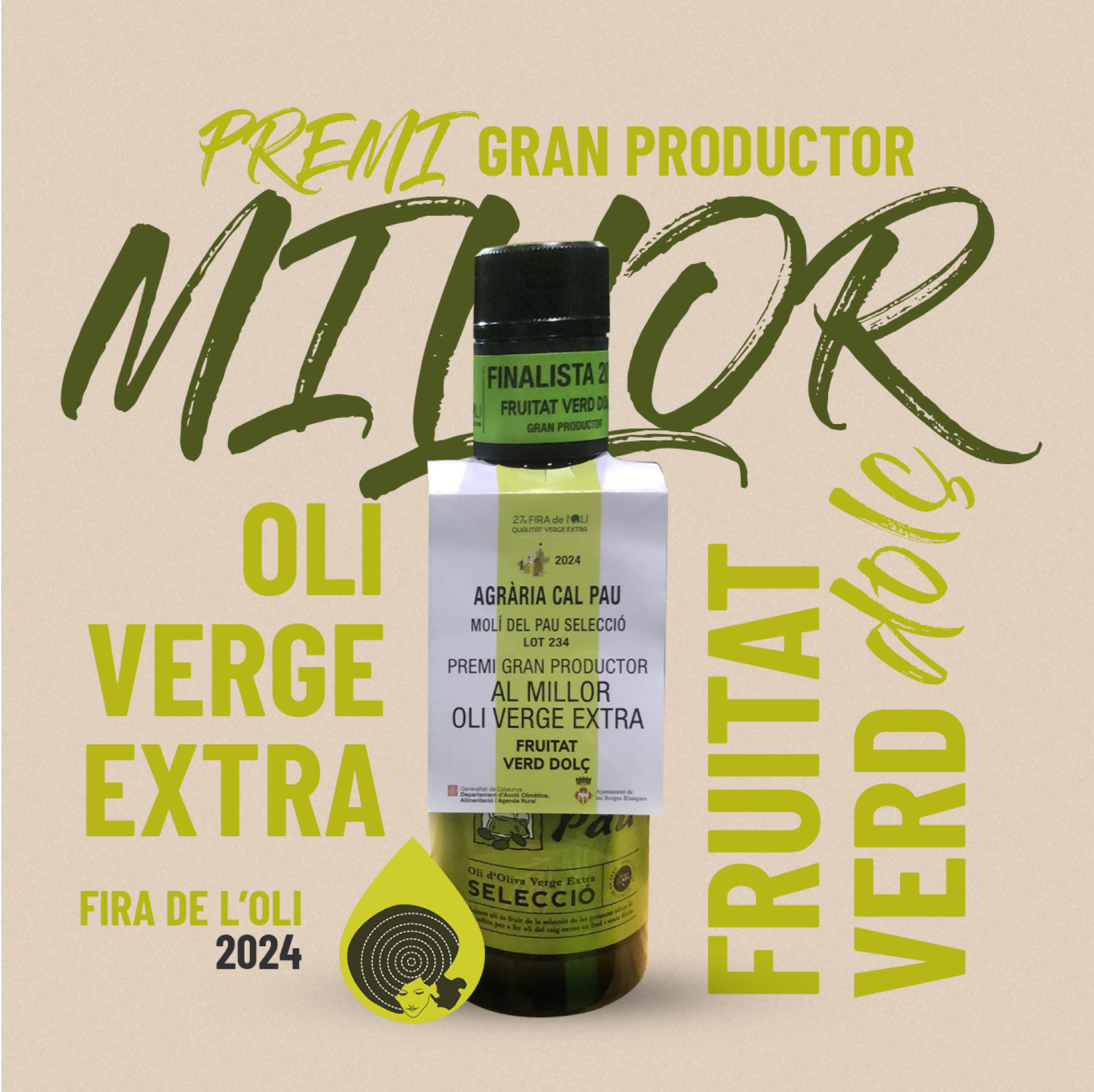 El aceite Selecció del Molí del Pau premiado como el mejor Aceite de Oliva Virgen Extra frutado verde dulce en la Fira de l'Oli
